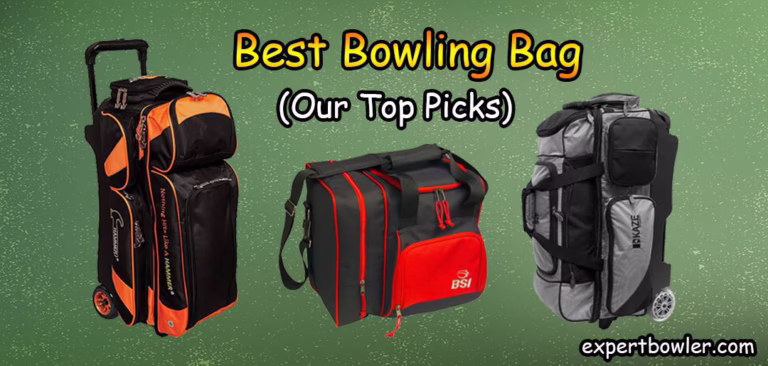Best bowling bags comparison showing orange roller bag red BSI tote bag and gray wheeled bowling bag