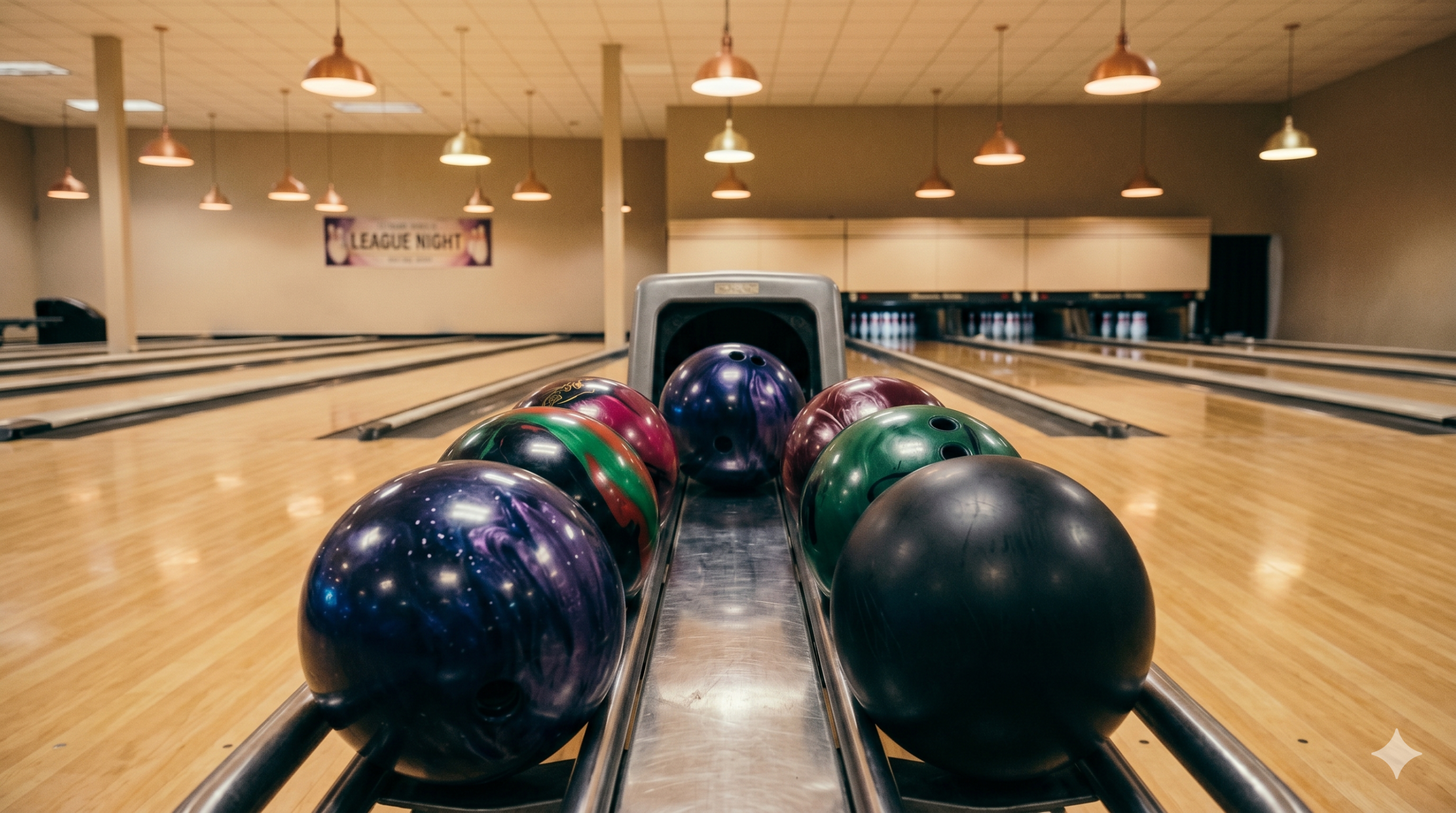 Lineup of performance bowling balls — purple galaxy pearl, multi-color hybrid swirl, red pearl, green solid, and matte black urethane — on a ball return rack at a league night bowling alley with hardwood lanes and pins in the background