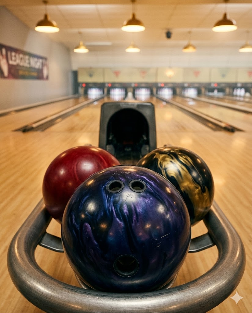 Three reactive bowling balls in the curved metal rack of an automatic ball return — a deep navy violet pearl ball as the hero, with a red solid and gold swirl ball behind — sitting at the foul line of a polished maple bowling lane with pins visible in the distance and league night atmosphere