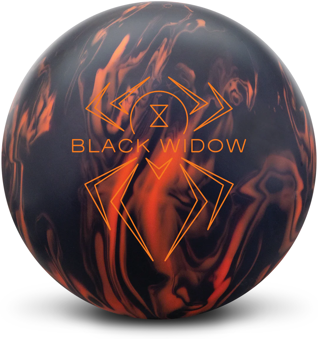 Hammer Black Widow 3.0 bowling ball with black and orange asymmetric swirl coverstock and orange Black Widow spider logo — aggressive solid reactive coverstock with Gas Mask asymmetric core for medium-heavy oil patterns