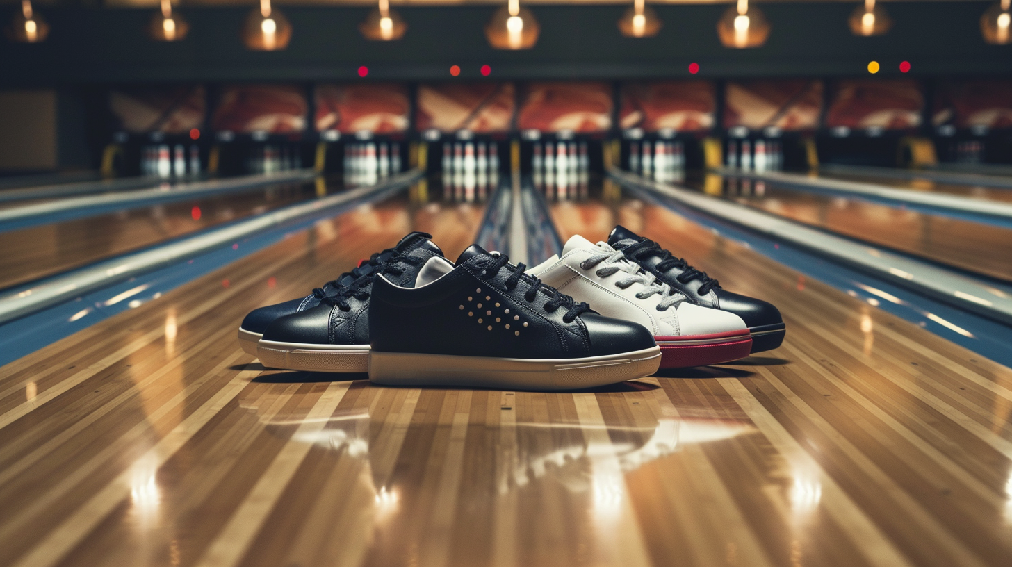 Premium bowling shoes — black leather performance shoes, white leather classic shoes, and red-and-black athletic style — lined up on a polished hardwood bowling approach with lanes stretching toward bowling pins under warm pendant lighting at a league night bowling alley