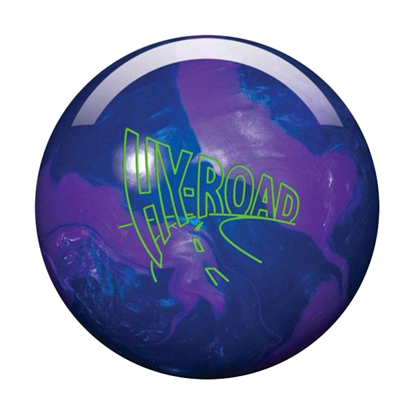 Storm Hy-Road Pearl bowling ball with deep blue and violet pearl swirl coverstock and bright green Hy-Road logo — benchmark hybrid pearl reactive ball for medium oil league bowling