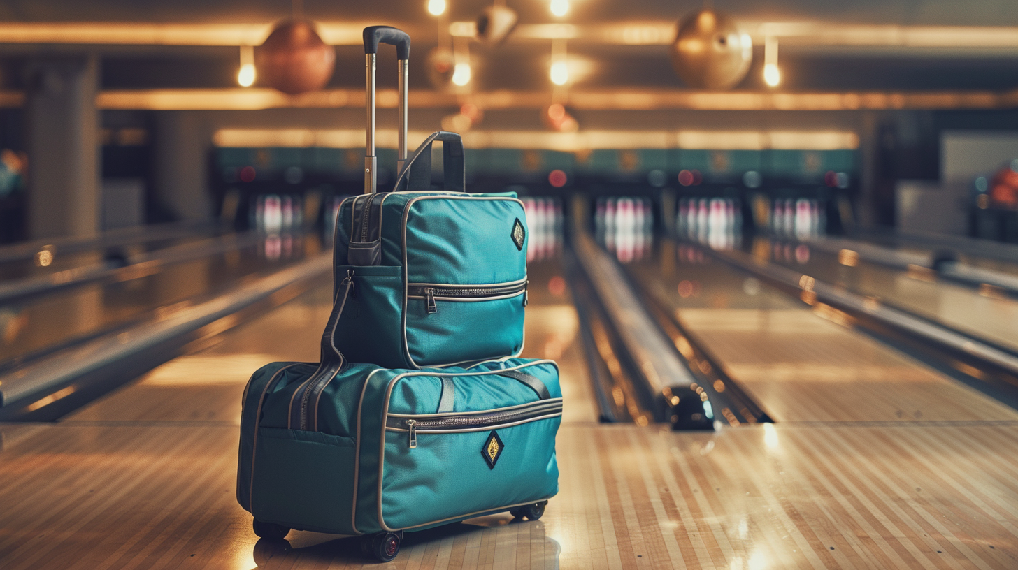 Premium teal turquoise bowling bag set with stacked tote and roller configuration, white piping accents and telescoping handle extended, staged on a polished hardwood bowling approach with lanes stretching toward bowling pins under warm pendant lighting at a league night bowling alley