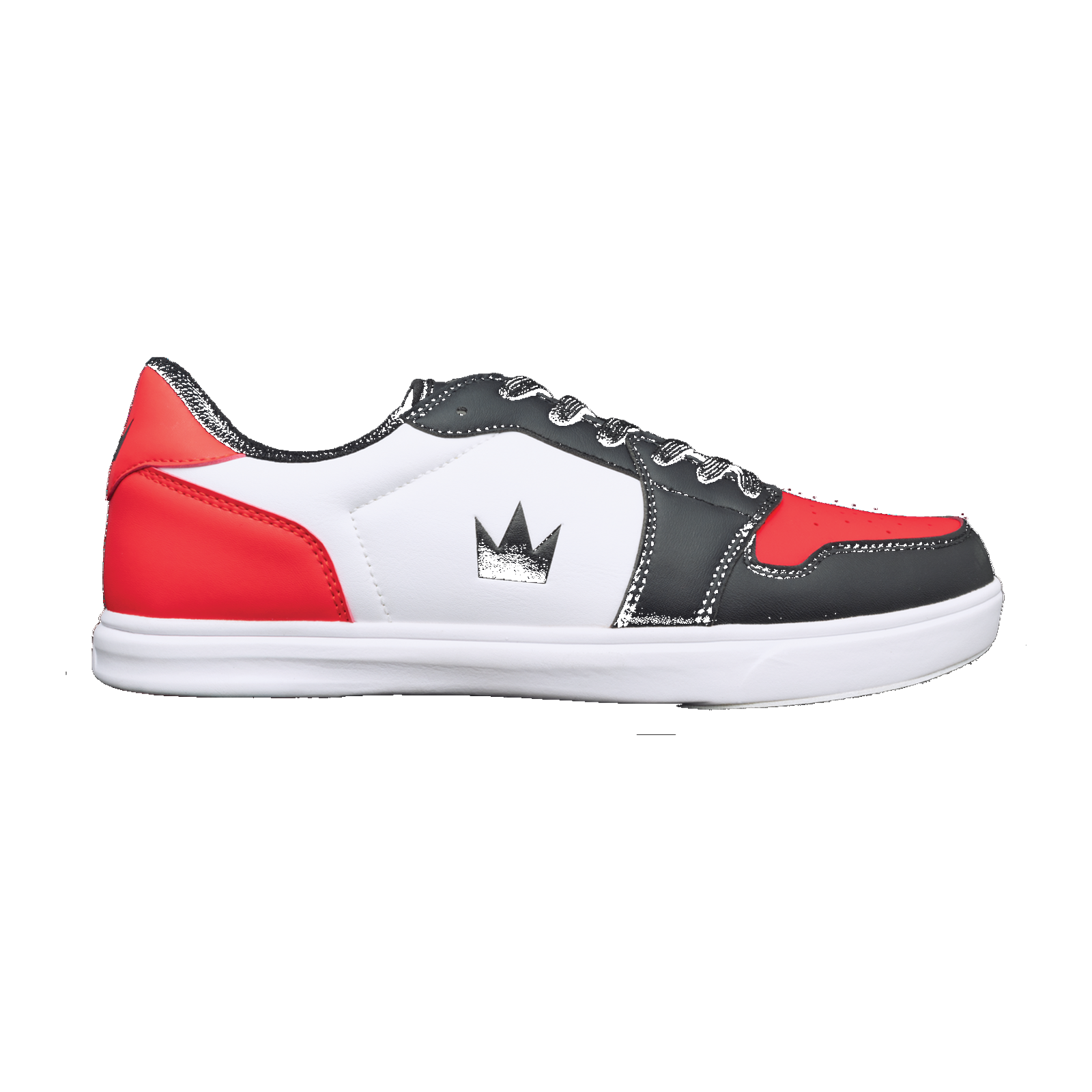 Brunswick Fanatic black, red, and white performance bowling shoe with interchangeable sole system, side view