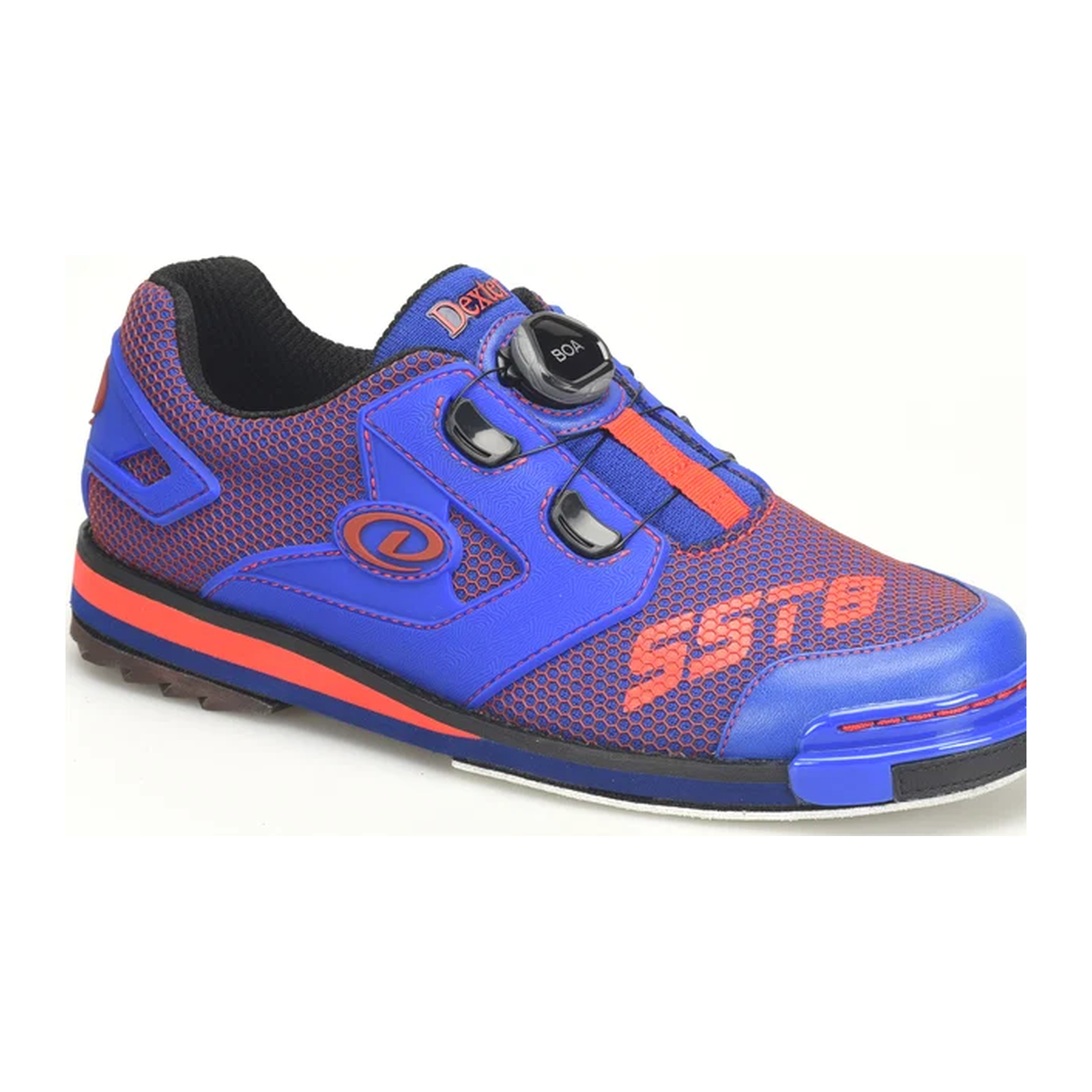 Dexter SST 8 Pro blue and red performance bowling shoe with BOA dial fastening system, three-quarter view