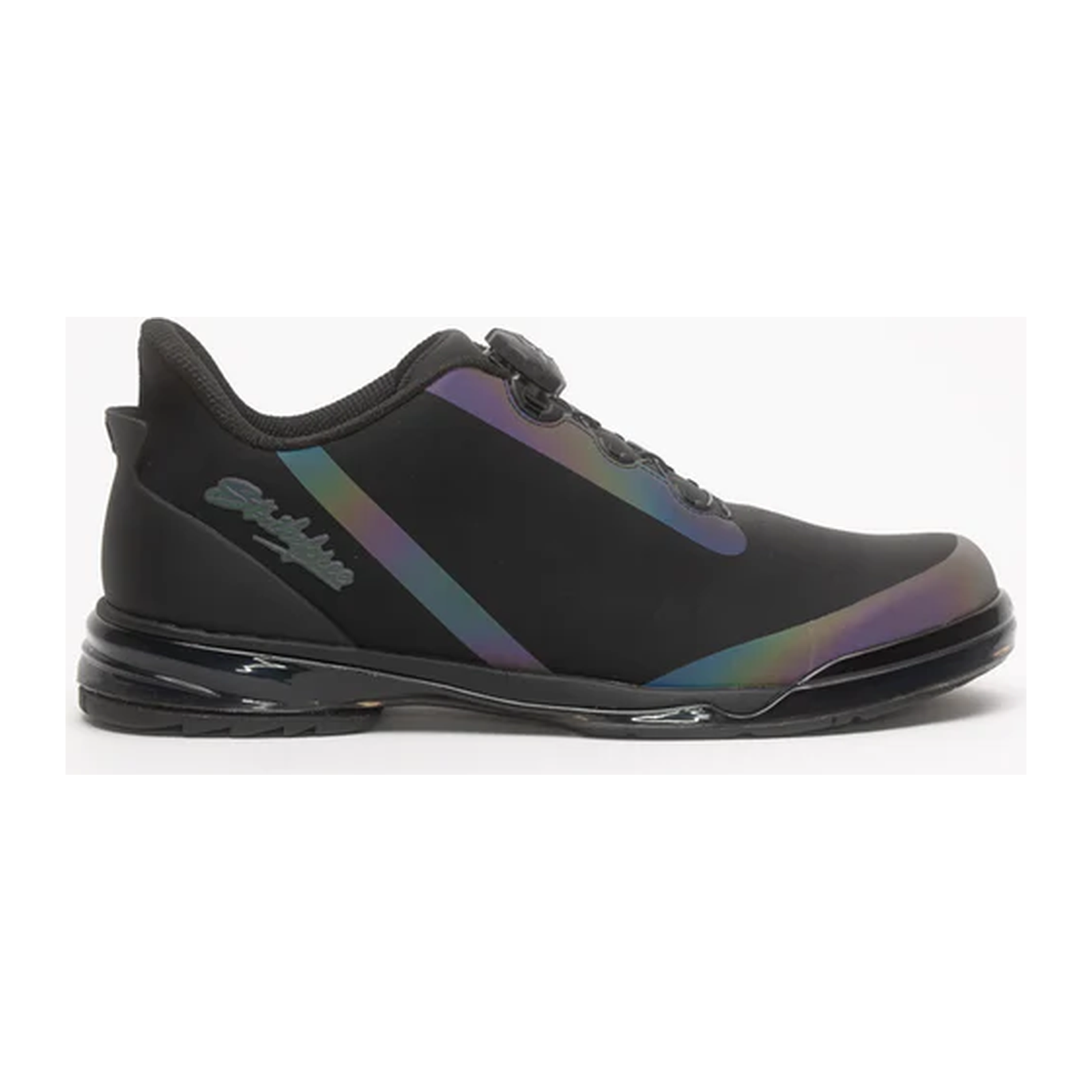 KR Strikeforce TPC Hype black tournament-grade bowling shoe with iridescent stripe accents, side view