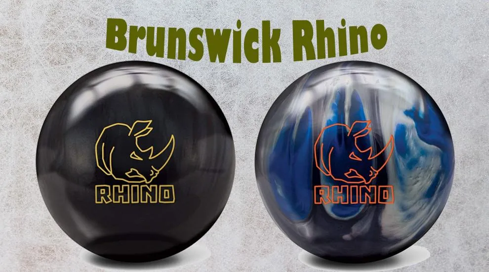 Brunswick Rhino bowling balls in black and blue with Rhino logo for performance and accuracy